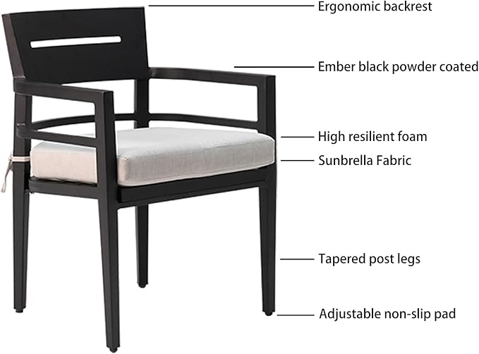 5-Piece Outdoor Patio Aluminum Furniture, Modern Dining Set, Including 4 Dining Chairs Sunbrella Fabric Cushioned and 40" Square Dining Table with Umbrella Hole, Ember Black