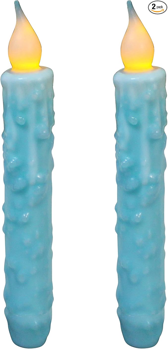 CVHOMEDECO. Real Wax Hand Dipped Battery Operated LED Timer Taper Candles Rustic Primitive Flameless Lights Decor, 6-3/4 Inch, Teal, 2 PCS in a Package