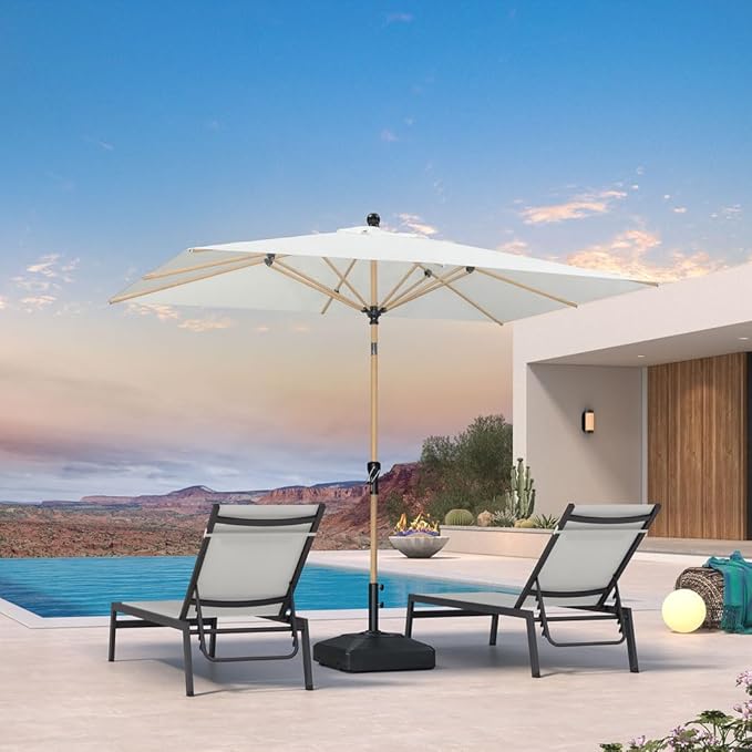 PURPLE LEAF 6' x 9' Patio Umbrella with Base Market Umbrella Rectangular Outdoor Umbrella with Push Button Tilt & Crank and 8 Ribs Aluminum Table Umbrella for Pool Backyard Beach, Cream