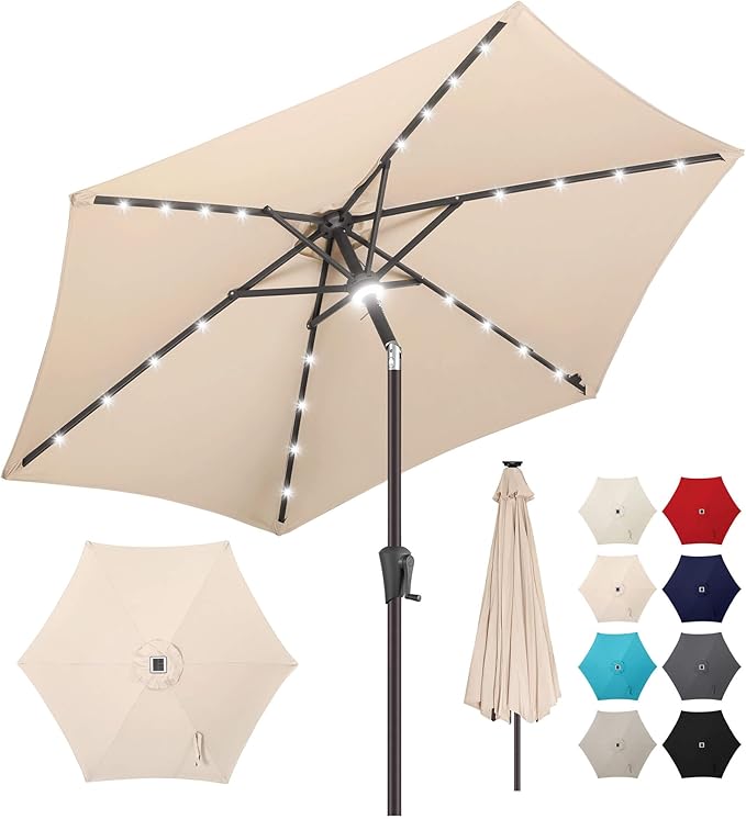 7.5ft Solar Umbrella Outdoor - Lighted Solar Patio Umbrella with 24 LED Lights Waterproof UV Protection, Table Umbrella with Tilt for Pool, Porch, Garden, Deck, Backyard (Beige)