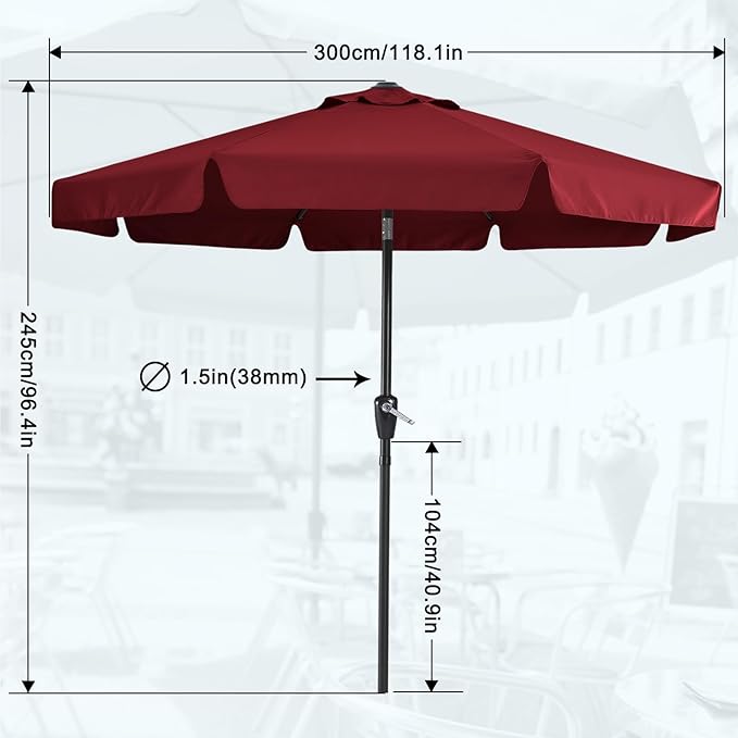 MASTERCANOPY 10ft Patio Umbrella with Valance, Crank and Tilt – 8 Ribs Outdoor Market Umbrella, UV/Fade Resistant, Waterproof Canopy with Wind Vent for Garden, Deck, Backyard, Pool (Burgundy)