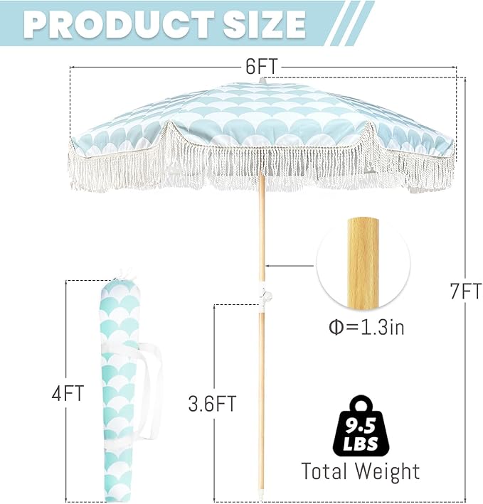 Lefedrasticity Boho Outdoor Umbrella with Tassels,6ft Table Umbrella Outdoor Patio with Knobs Tilt,Wind Resistant Portable Beach Umbrella UPF50+ Fringe Umbrellas For Pool Backyard Deck Garden