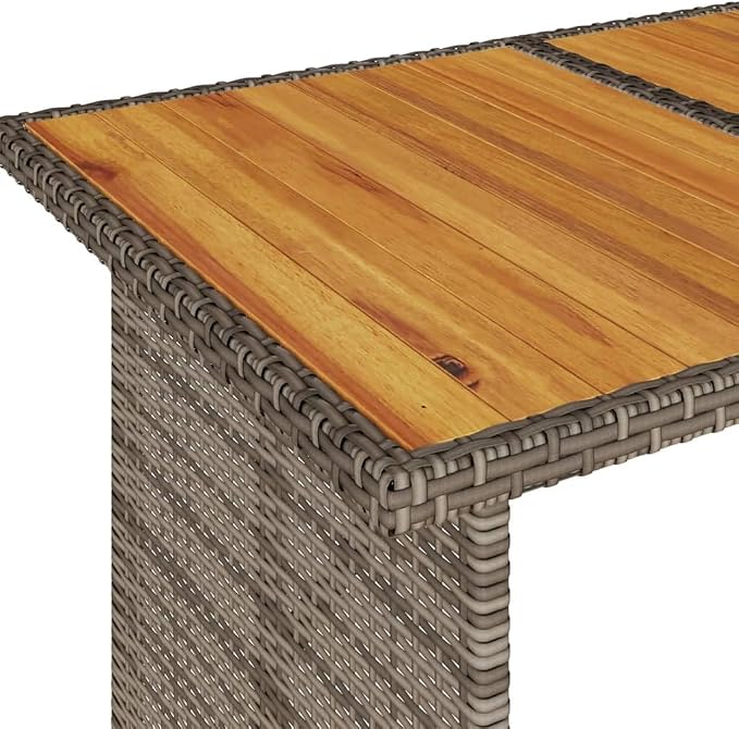 vidaXL Patio Table with Wooden Top, Garden Table, Dining Table for Outdoor Balcony, Patio Furniture, Modern Style, Gray Poly Rattan