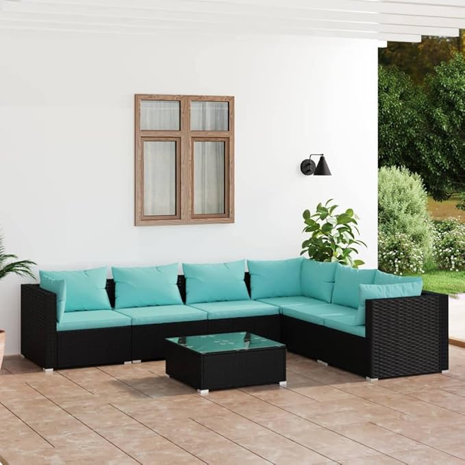 7 Piece Patio Lounge Set with Cushion, Outdoor Patio Sectional Piece Patio Set Furniture Conversation Sets Patio Lounge Set s Poly Rattan Black