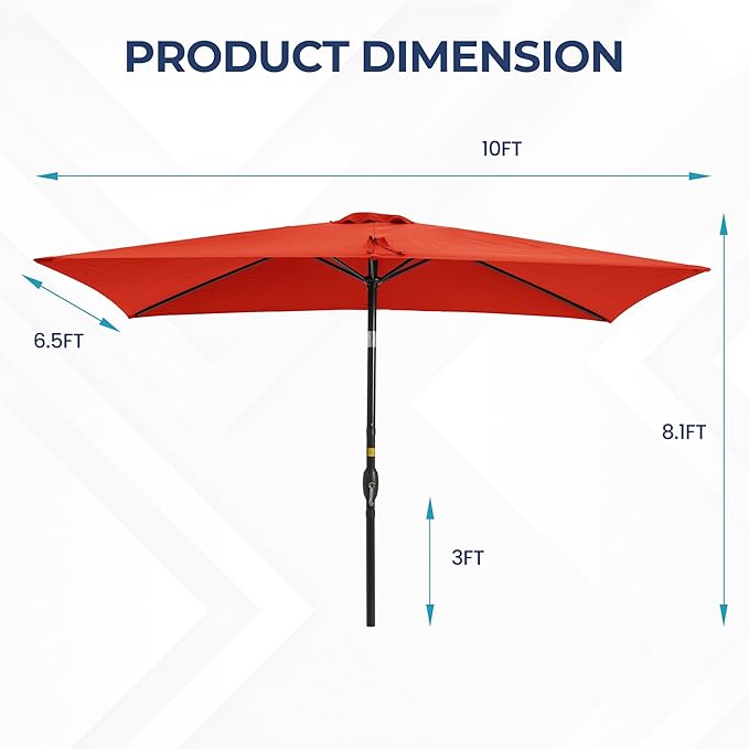 Kiss the Water 6.5' x 10' Patio Umbrella, Rectangular Outdoor Umbrella, Metal Pole Pool Umbrella with Crank and Push Button Tilt, Large Patio Umbrella with Polyester Canopy