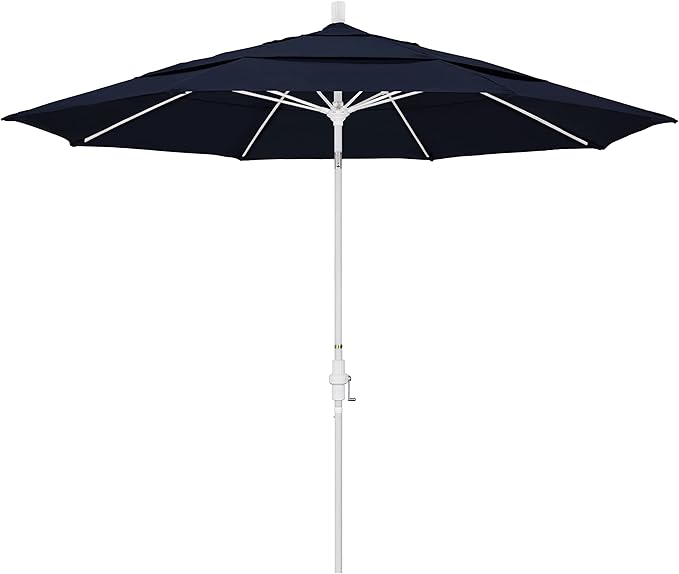 California Umbrella 11' Round Crank Lift, Collar Tilt, Aluminum Pole, Fiberglass Rib Patio Umbrella, White Finish, Navy Blue