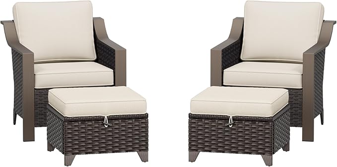Patio Metal Chairs with Ottomans Set of 2, Conversation Furniture Set - 2 Armchairs | 2 Wicker Ottomans, Removable Cushions, PE Rattan, Front Porch (Beige and Brown Stripe)