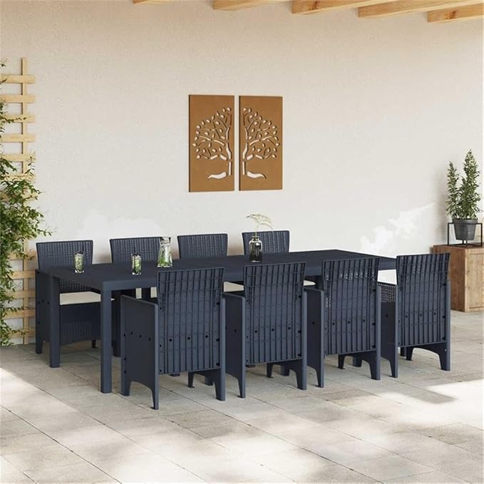 Afuera Living Contemporary Poly Rattan Patio Dining Set, Anthracite Matte Finish, Rectangular Design, Foam-Filled Cushions, UV-Resistant Material, Seats 10, Sleek Outdoor Furniture for Gardens and