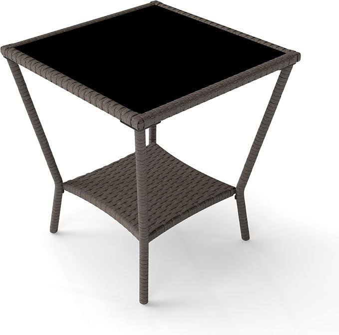 Outdoor Small Patio Table - PE Rattan Coffee Table, Wicker Side Table for Patio, Balcony & Porch, Durable & Iron Frame (1, Sesame Brown)