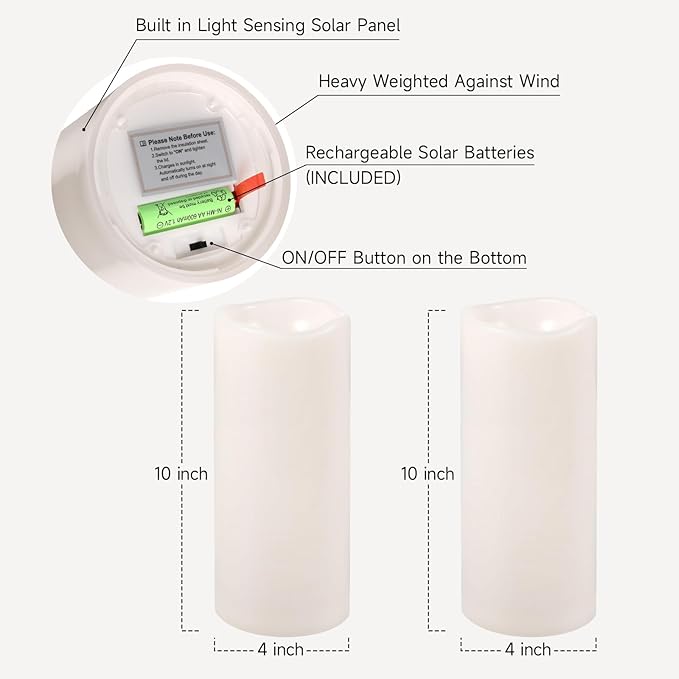 NURADA Large Outdoor Solar Candles Waterproof - 10" x 4" Rechargeable Solar Powered Flameless LED Pillar Flickering Candle for Patio Porch Lanterns Decor - Ivory White