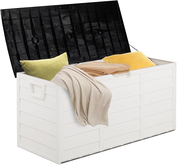 Outdoor Storage Boxes for Garden Tools,75Gallon 280L Outdoor Garden Plastic Storage Deck Box Chest Tools Cushions Lockable Seat,Patio Furniture Cushions, Pool Supplies,Black&White