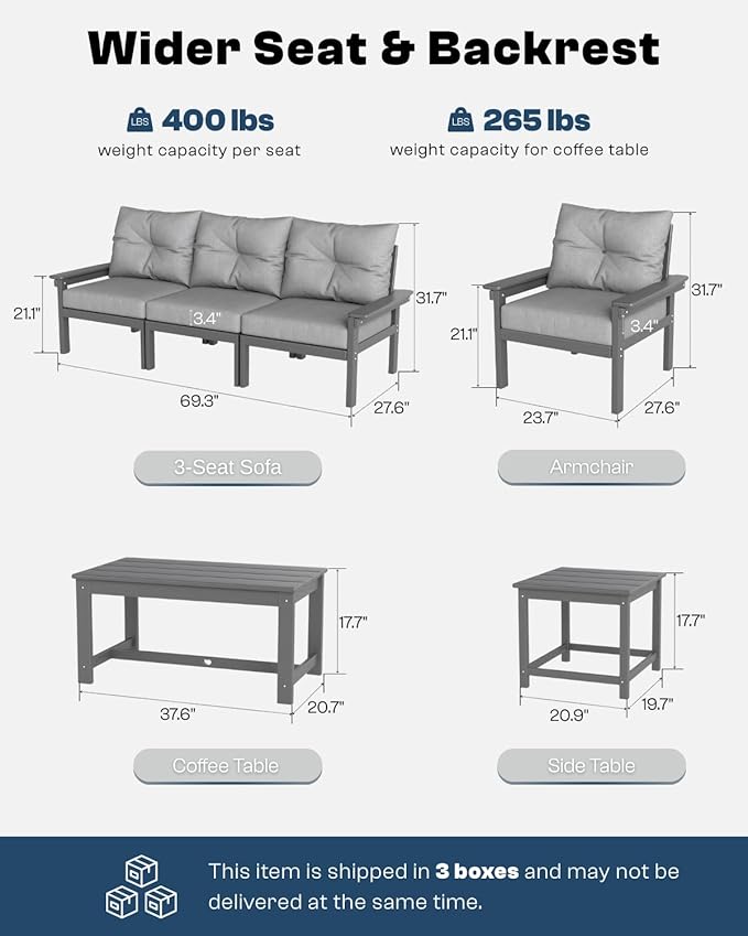 Grey HDPE Outdoor Patio Furniture Set, 7-Piece Patio Conversation Sets with Coffee Table & Side Table & Washable Thick Cushions, Outdoor Sofa for Balcony, Porch, Poolside