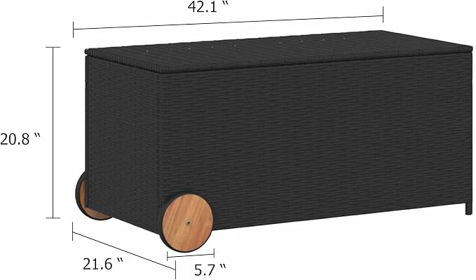Benzara Saki Outdoor Storage Box, Rectangular Black Poly Rattan, Wood Wheels