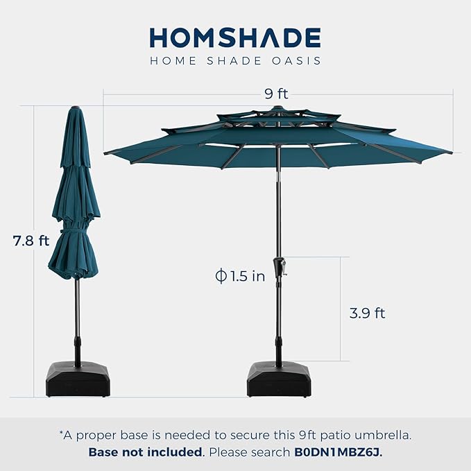 HOMSHADE 9FT 3-Tiers Outdoor Patio Umbrella with 5-Year Fade Resistant,Vented Outdoor Commercial Market Umbrella with UPF50+ UV Protection & Push Button Tilt and Crank for Pool,Backyard(Peacock Blue)