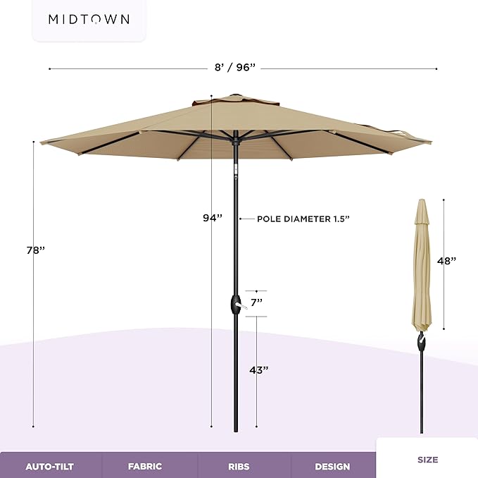 Midtown Umbrellas - The Lean 8 Ft Patio Umbrella with Fade-Resistant Sunbrella Fabric, Auto-Tilt Aluminum Frame and 8 Reinforced Ribs for Deck, Pool & Garden - Heather Tan Canopy, Black Pole