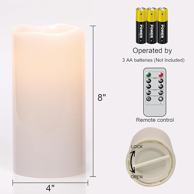 Outdoor Indoor Waterproof Flameless Candles Flickering with Remote Timer, White LED Pillar Candles Battery Operated Pack of 2, Long Lasting Electric Candles Lanterns Cream Φ 4" H 8” 8”