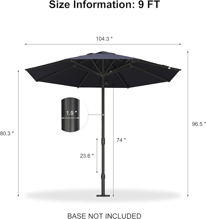 PURPLE LEAF 9Ft Round Semi-Auto Outdoor Patio Umbrella Aluminium Market Umbrella Table Sun Umbrella with 1.89" Rod and 8 Sturdy Ribs for Deck Lawn Pool Garden, Navy Blue