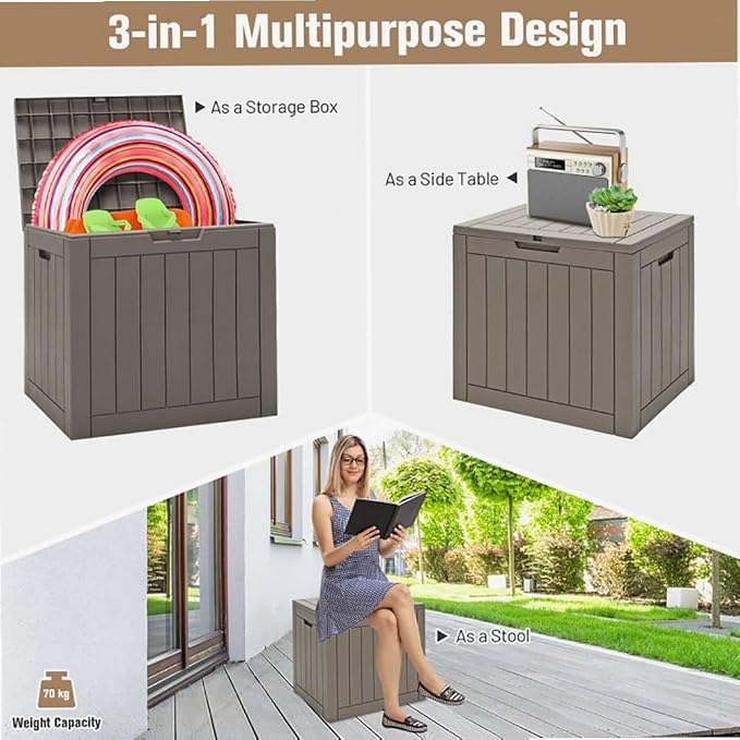 30-Gallon PP Light Brown Woodgrain Deck Box Lockable Waterproof for Outdoor and Patio Use 22x17x21in