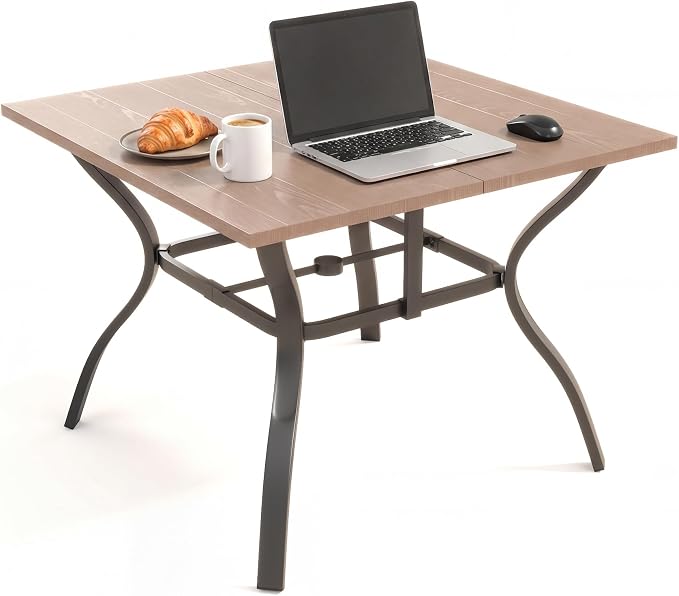 Patio Outdoor Dining Table, Wood-Grain Patio Square Table with Umbrella Hole, All-Weather Metal Dining Table for Party, Lawn & Garden (37.8“ x 37.8”)