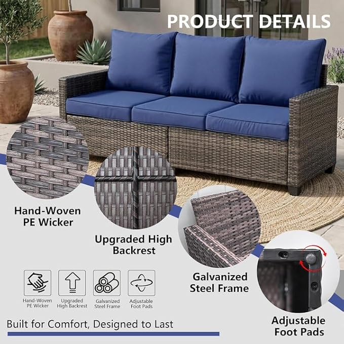 LAUSAINT HOME 3 Pieces Outdoor Patio Furniture, Outdoor Sectional Sofa Patio Furniture Sets Wicker Rattan Patio Conversation Sets with Cushion and Glass Table (Dark Blue)