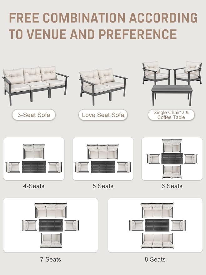 HDPE Patio Conversation Set 8 Seats, Outdoor Furniture Set, Patio Sofa Set | Water-Resistant Thick Cushion, HDPE All Weather, Wood-Grain, No Rot or Rust or Crack, UV Fade Shield, Easy-Clean for Outside
