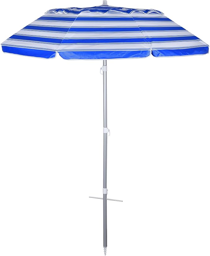 6.5ft folded Portable beach umbrella with sand anchor windproof, Push Button Tilt and Air vent UPF 50+ Protection Fits in a large Suitcase for Patio Garden Beach Pool Backyard, Blue White Stripe