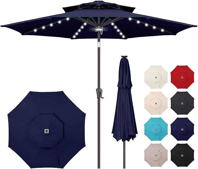 9ft Solar Umbrella Outdoor - 2 Tiers Lighted Solar Patio Umbrella with 40 LED Lights Waterproof UV Protection, Table Umbrella with Tilt for Pool, Porch, Garden, Backyard (Navy Blue)