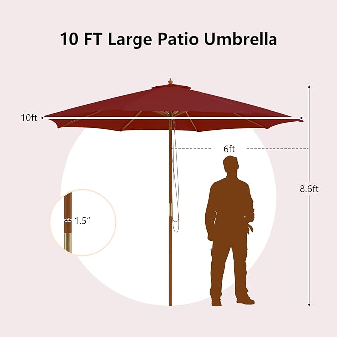 HAPPYGRILL 10 FT Wooden Patio Umbrella with Rope Pulley Lift, 8 Bamboo Ribs, 3 Adjustable Heights, Vented Roof, Outdoor Table Umbrella for Garden Poolside Backyard (Wine)