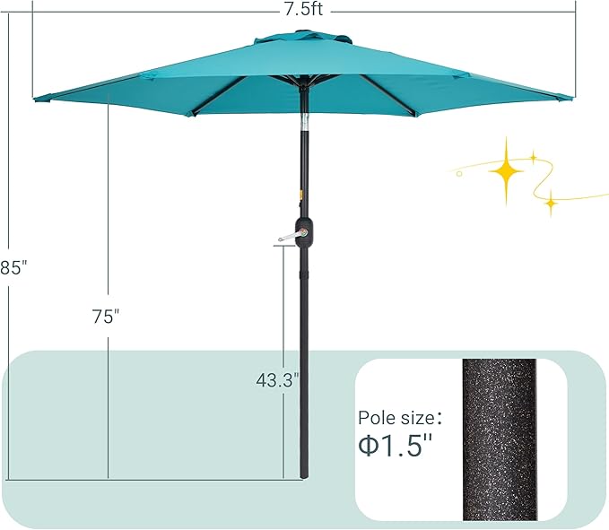 7.5ft Outdoor Umbrella Patio Umbrella,2-Year-Non-Fading,Table Market Patio Umbrella with Push Button Tilt and Crank,for Pool, Deck, Garden,Backyard
