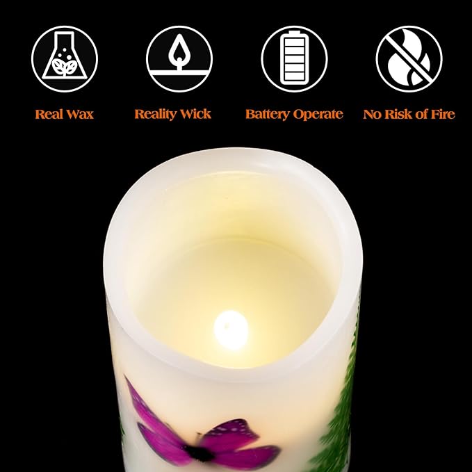 LED Candles Flameless Battery Operated with Remote Timer 6'' Tealight Butterfly & Plants Decor Real Wax Electric Candle Lights 12 Color Changing for Home&Kitchen Indoor/Outdoor Party