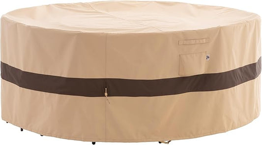 WJ-X3 Round Patio Furniture Cover, 62" D x 31" H, Waterproof, UV Resistant, Anti-Fading Outdoor Cover for Round Dining Table and Chairs Set, Beige & Coffee