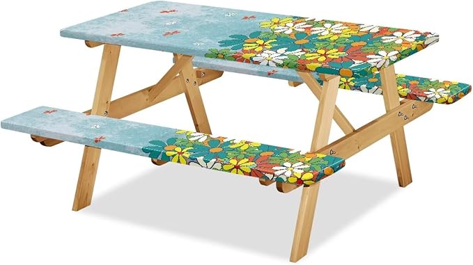 Daisy Picnic Table Cover with Bench Covers Reusable Rectangle Table Cover Outdoor Patio Camping Essentials 72 inch 3PCS Camping Fitted Tablecloth Ideal for Patio Party