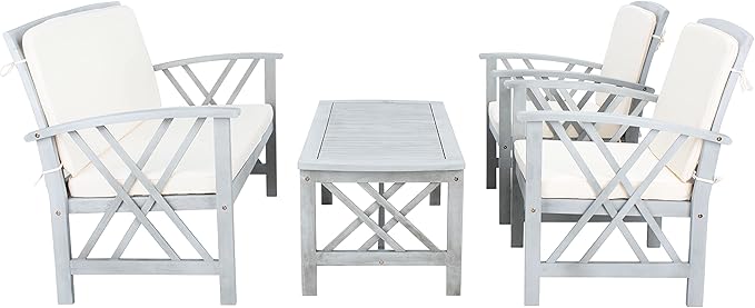 SAFAVIEH Outdoor Collection Fontana Grey Wash/ Beige 4-Piece Conversation Patio Set with Cushions