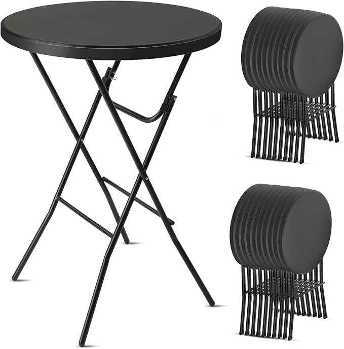 Bonnlo 32" Cocktail Table High Top Table, Folding Round Table Bar Height, HDPE Matrial with Gray Metal Finish for Outdoor Party, Backyard, Dining Room, Wedding Event,Black- 20PCS
