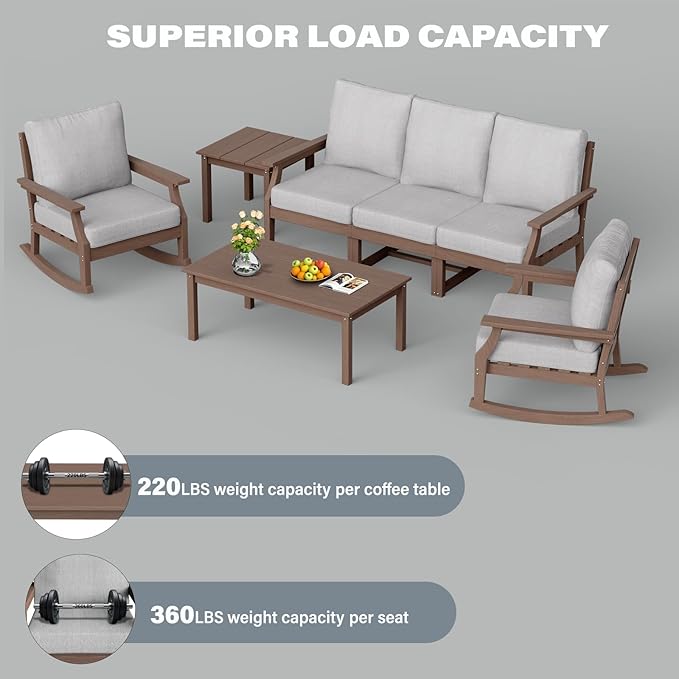 HDPE Patio Conversation Set, 7-Piece All Weather Outdoor Furniture Set with 2 Single Rocking Armchairs for Deck, Lawn, with Cushion, Brown