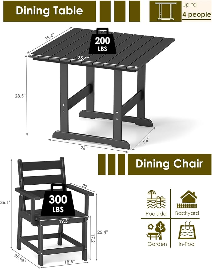 GREENVINES 5-Piece-Outdoor-Dining-Set | HDPE | Square | Patio Furniture | All Weather | Removable Armrests | Slatted Table and Chairs Sets for 4 | for Backyard Poolside Garden | Black