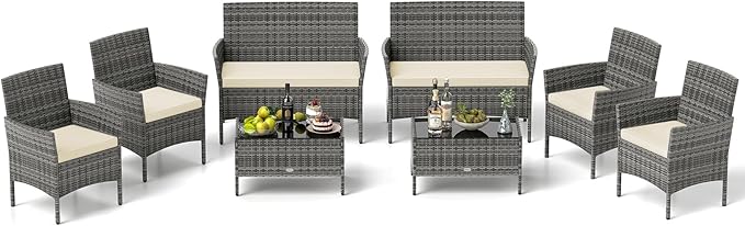 Tangkula 8 Pieces Patio Rattan Conversation Set, Outdoor Wicker Furniture Set with Cushioned Chair, Loveseat & Tempered Glass Table, Outside Sectional Sofa Set for Backyard (G-Beige,2)