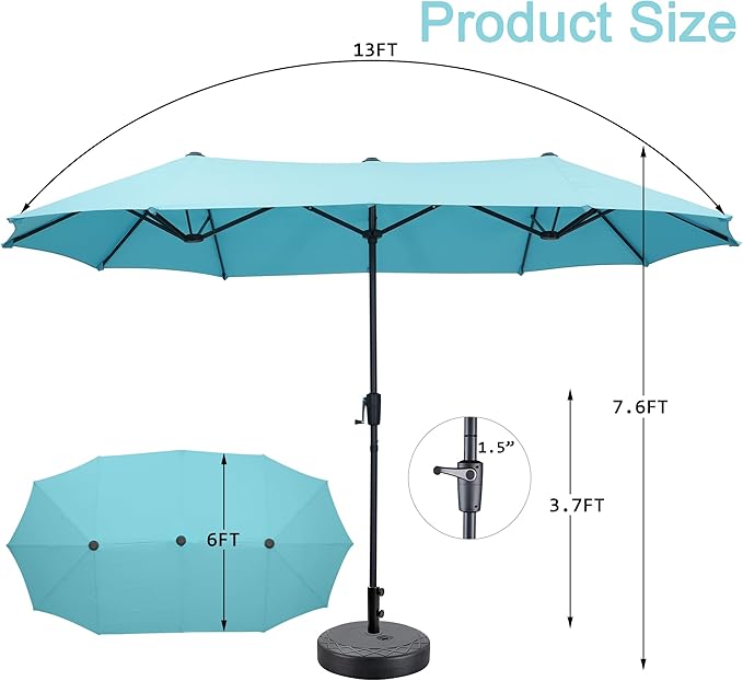 13 ft Patio Umbrella with Base, Large Rectangle Outdoor Umbrella with Matching Stand, Strap, Crank, Blue