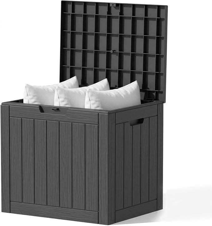 Outdoor Storage Box, 35 Gallon Waterproof Deck Box [Upgraded 3.0], Quick Snap-Lock Resin Cabinet for Seat Pillows, Patio Blankets, Lockable End Table Beverage Stand, Apartment Deck, Black