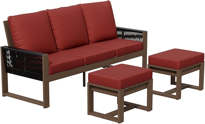 Rustic Hideaway Natural Cedar Wood Outdoor Furniture Set, Wicker Patio Conversation Set for Porch Garden Backyard, Couch and 2 Ottomans, 3 Piece, Brownish/Red