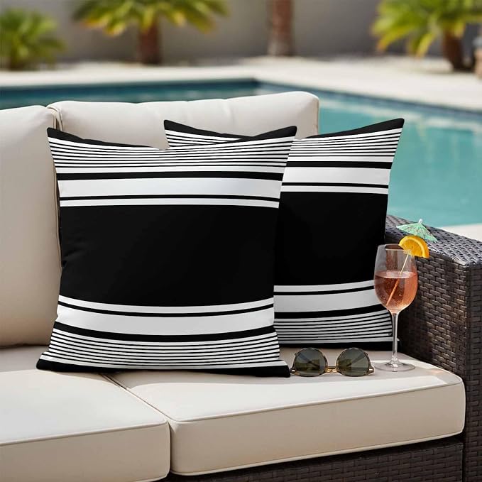 Outdoor Waterproof Throw Pillow Covers, Black Striped Decorative Pillow Cases, Modern Color Block Farmhouse Stripes Couch Pillow Protector Patio Sofa Cushion Covers Replacement 20"x20" 2 Pack