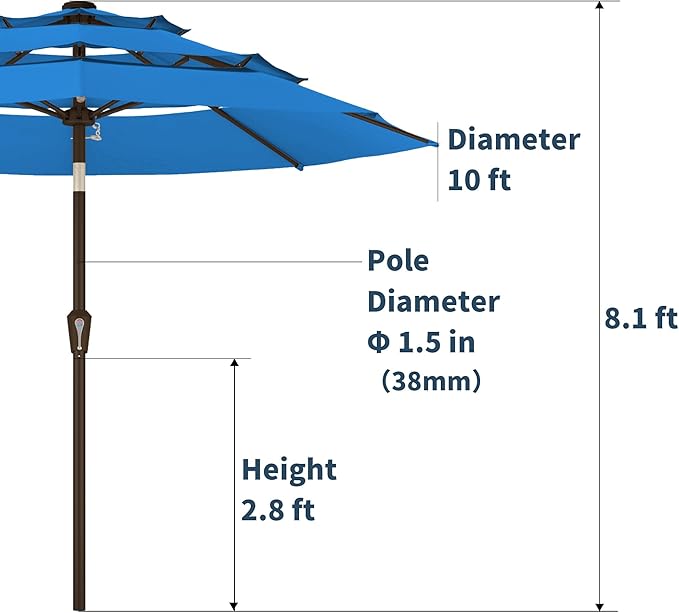 PatioKingdom 9ft 3-Tier Patio Market Umbrella with Crank/Tilt, Commercial Heavy Duty Wind Proof,Outdoor Table Umbrella with 8 Fiberglass Ribs,UPF50+ for Deck,Pool,Garden,Backyard (Royal Blue)
