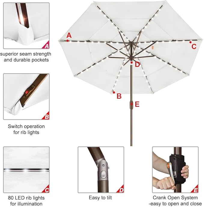 EliteShade USA 10-Year-Non-Fading 9ft 3-Tier Market Patio Umbrella, Commercial Table Umbrella with 80 Solar LED Lights, Crank Open, Windproof & UPF 50+ UV Protection for Garden, Deck, Pool, Backyard, White