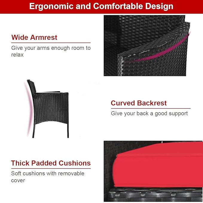 Patio Conversation Furniture Set, Outdoor Wicker Rattan Loveseat Sofa Set w/Tempered Glass Top, 2 Removable Cushions & Coffee Table, Ideal for Balcony/Garden/Lawn/Backyard, Red