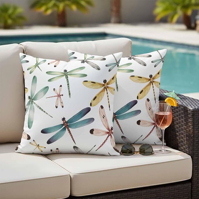 Dragonfly Outdoor Pillow Covers 20x20 Inch Throw Pillow Covers Set of 2 Waterproof Decorative Pillow Cases Watercolor Colorful Nature Painting Art Cushion Covers for Patio Furniture Garden Couch Sofa