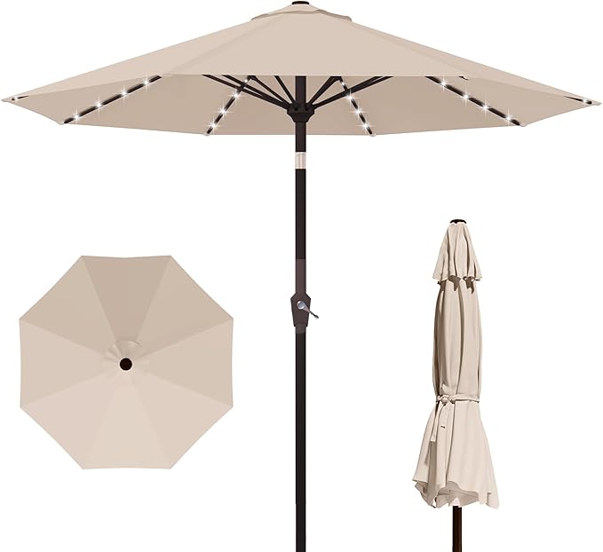 Kingdura 9FT Outdoor Patio Umbrella with Solar Lights, Market Table Umbrella with Push Button Tilt & Crank, 8 Sturdy Ribs, 32 LED Lights, UV Protection for Garden Lawn Deck Backyard Pool (Beige)