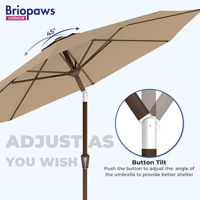 BRIOPAWS 9FT Patio Umbrella with Base Included | Outdoor Table Umbrellas | Push Button Tilt & Crank | 8 Sturdy Fiberglass Ribs | Waterproof | Heavy Duty for Garden Lawn DeckBackyard & Pool