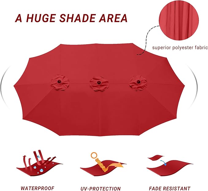 15ft Patio Umbrella with Base, 10-Year-No-Fade Large Outdoor Double-Sided Market Umbrella with UPF50+Terylene Polyester Fabric and Crank for Poolside Garden Deck Backyard Beach Pools