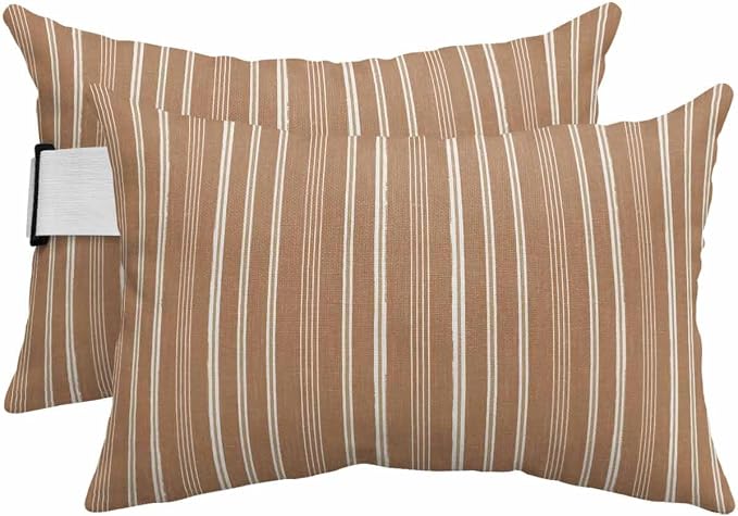 Pack of 2 Outdoor Lumbar Pillow Covers 12x20 Inch, Brown Striped Waterproof Throw Pillow Covers Set, Farmhouse Stripes Modern Vintage Indoor&Outdoor Decorative Cushion Cases for Patio Porch Car