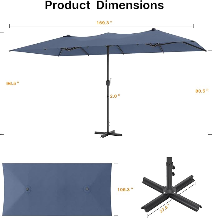 ALAULM 14FT Waterproof Patio Umbrella Outdoor Reversible Rectangular Large Market Umbrella